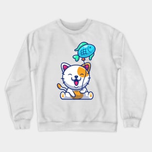 Cute Cat Playing Fish Balloon Cartoon Crewneck Sweatshirt